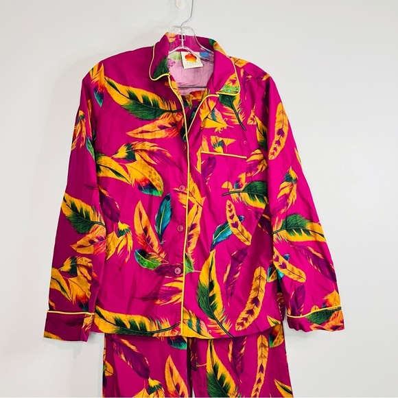 Anthropologie Farm Tio Pink Feather Botanical Pajama Set Wide-Leg Silhouette xs - Picture 3 of 6